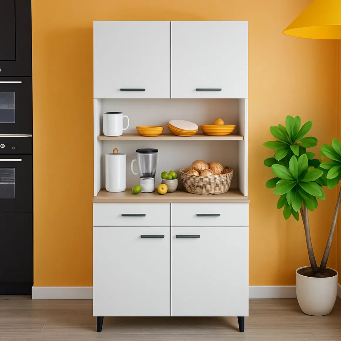 Credenza alta bianca e rovere 72x40x185h cm 4 ante e 1 cassetto - Florent