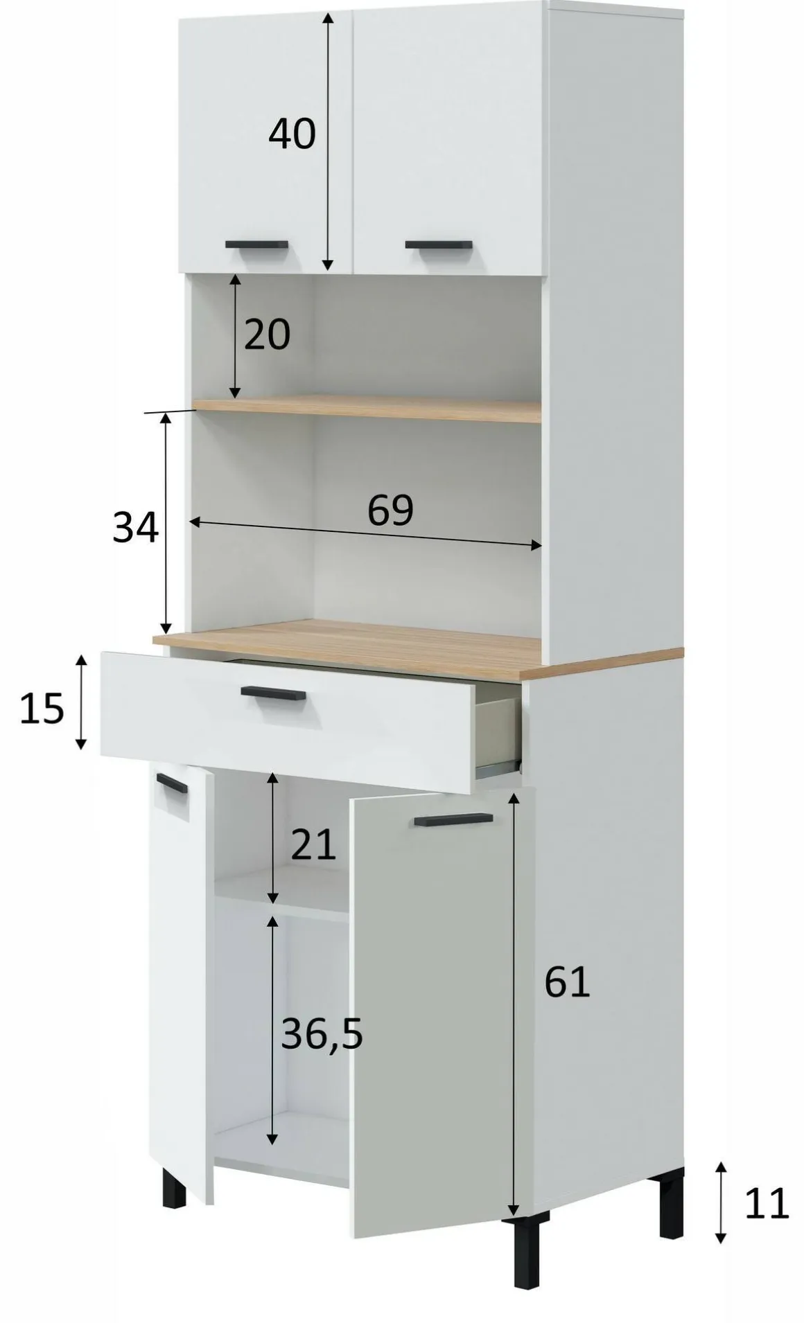 Credenza alta bianca e rovere 72x40x185h cm 4 ante e 1 cassetto - Florent