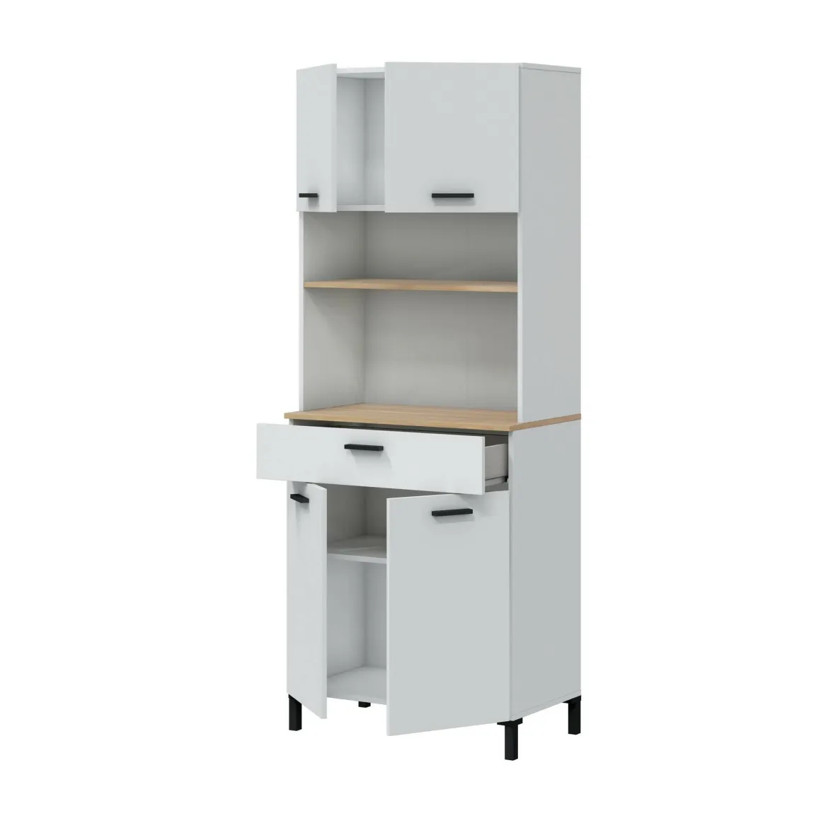 Credenza alta bianca e rovere 72x40x185h cm 4 ante e 1 cassetto - Florent