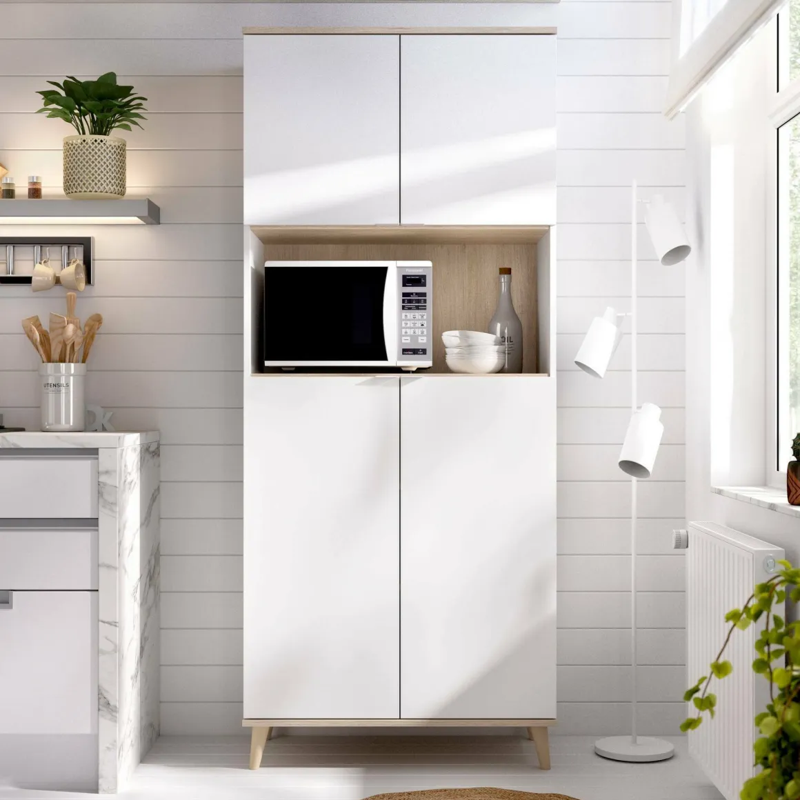 Credenza alta bianca e rovere porta microonde 80x40x191h cm 4 ante - Acura