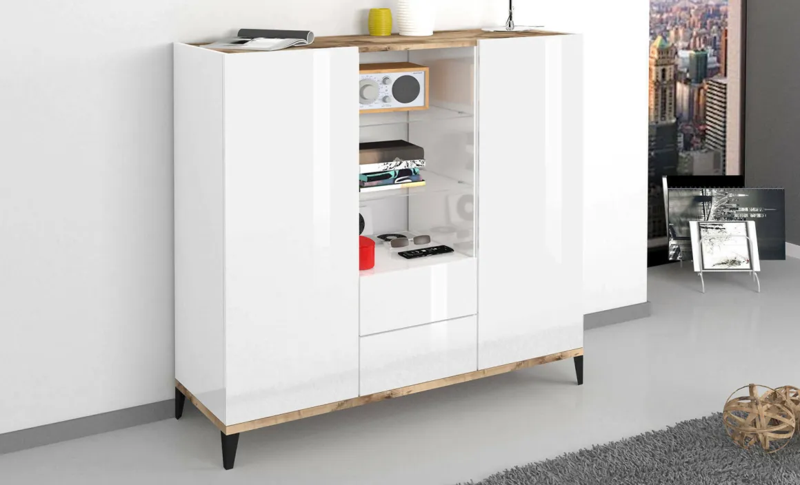 Cucina|Salotto > Dmora Credenza alta bianco lucida e acero 130x45x135h cm 5 ante - Acquadolce Marrone Acero, Bianco Lucido