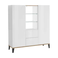 Cucina|Salotto > Dmora Credenza alta bianco lucida e acero 130x45x135h cm 5 ante - Acquadolce Marrone Acero, Bianco Lucido