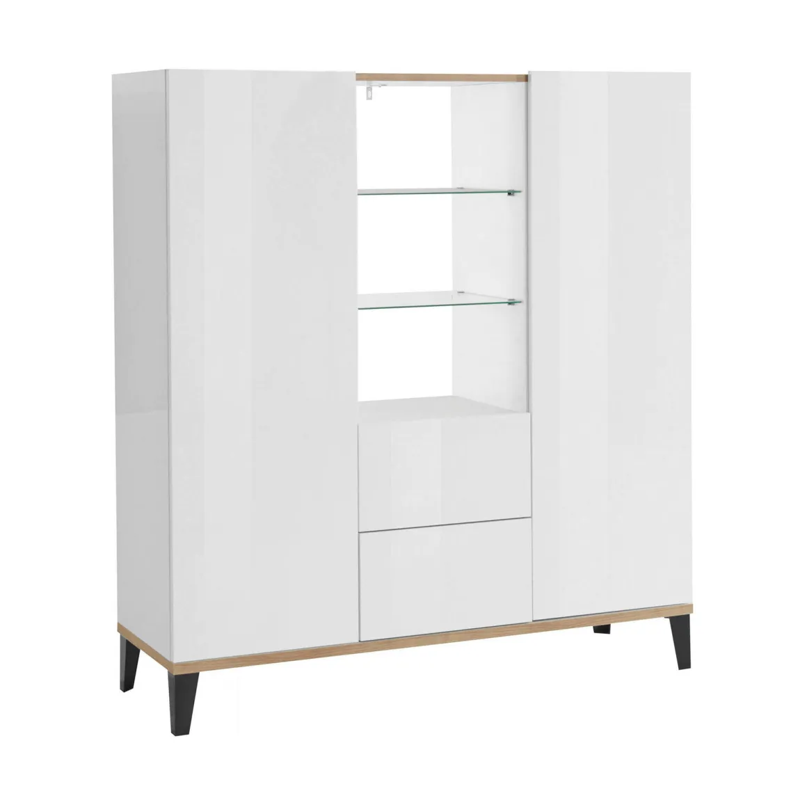Cucina|Salotto > Dmora Credenza alta bianco lucida e acero 130x45x135h cm 5 ante - Acquadolce Marrone Acero, Bianco Lucido