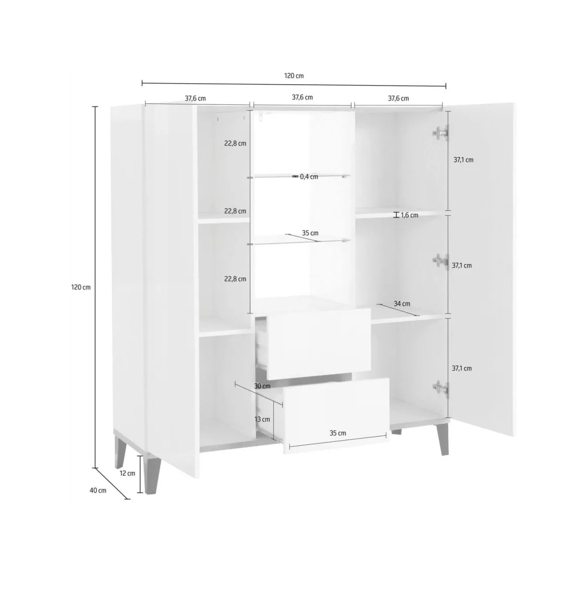 Cucina|Salotto > Dmora Credenza alta bianco lucida e acero 130x45x135h cm 5 ante - Acquadolce Marrone Acero, Bianco Lucido