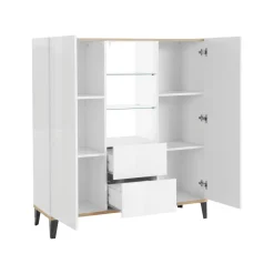 Cucina|Salotto > Dmora Credenza alta bianco lucida e acero 130x45x135h cm 5 ante - Acquadolce Marrone Acero, Bianco Lucido