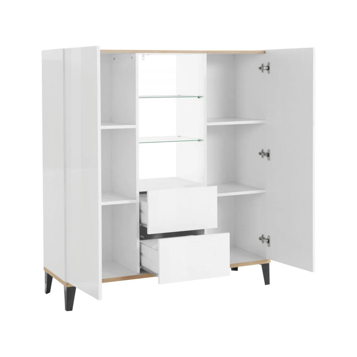 Cucina|Salotto > Dmora Credenza alta bianco lucida e acero 130x45x135h cm 5 ante - Acquadolce Marrone Acero, Bianco Lucido