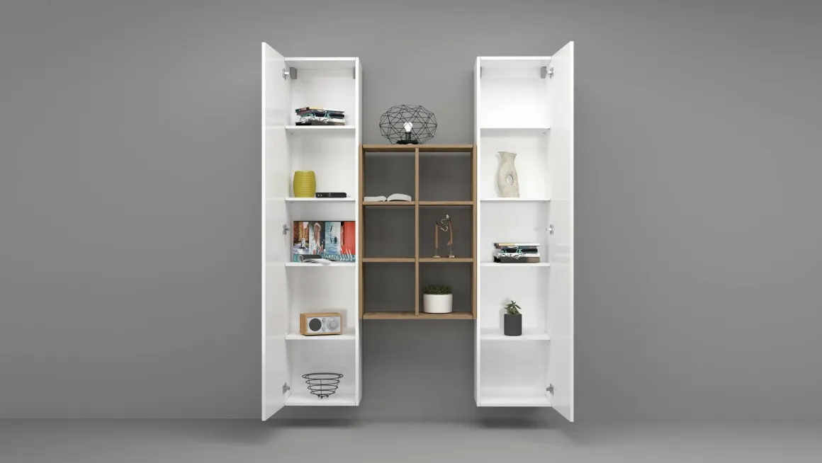 Credenza alta bianco lucida e acero 40x30x180h cm 2 ante - Danila