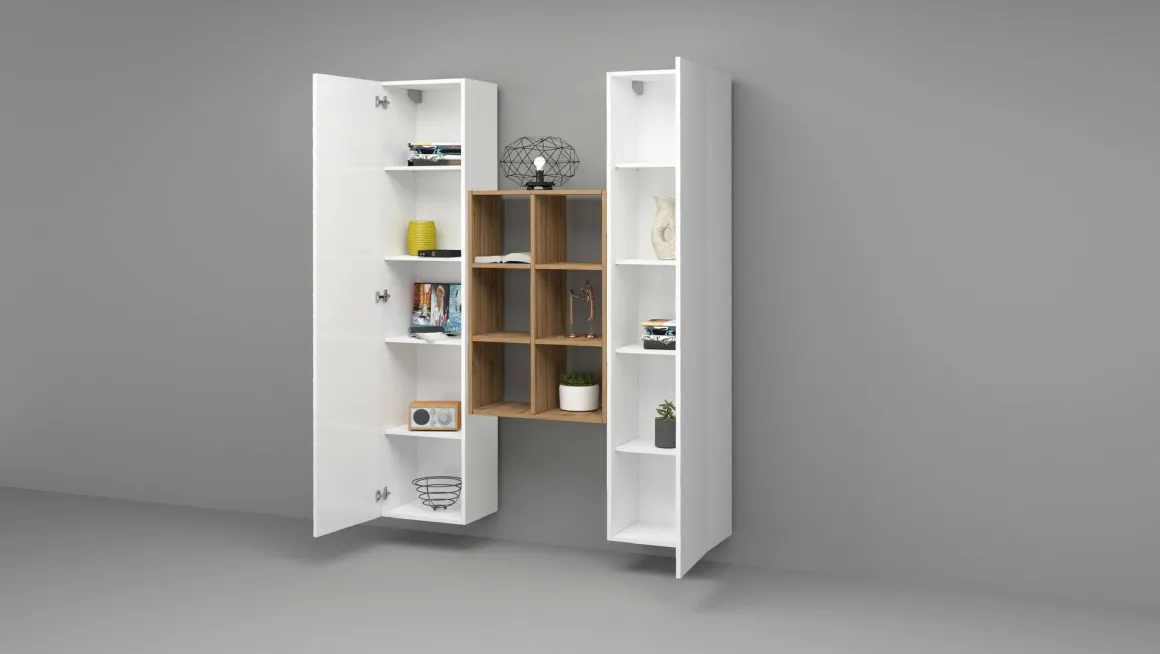 Credenza alta bianco lucida e acero 40x30x180h cm 2 ante - Danila