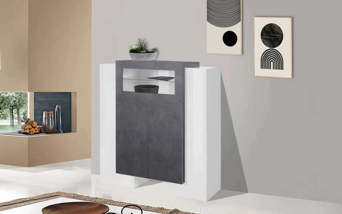 Credenza alta bianco lucida e ardesia 130x45x135h cm 5 ante - Acquadolce