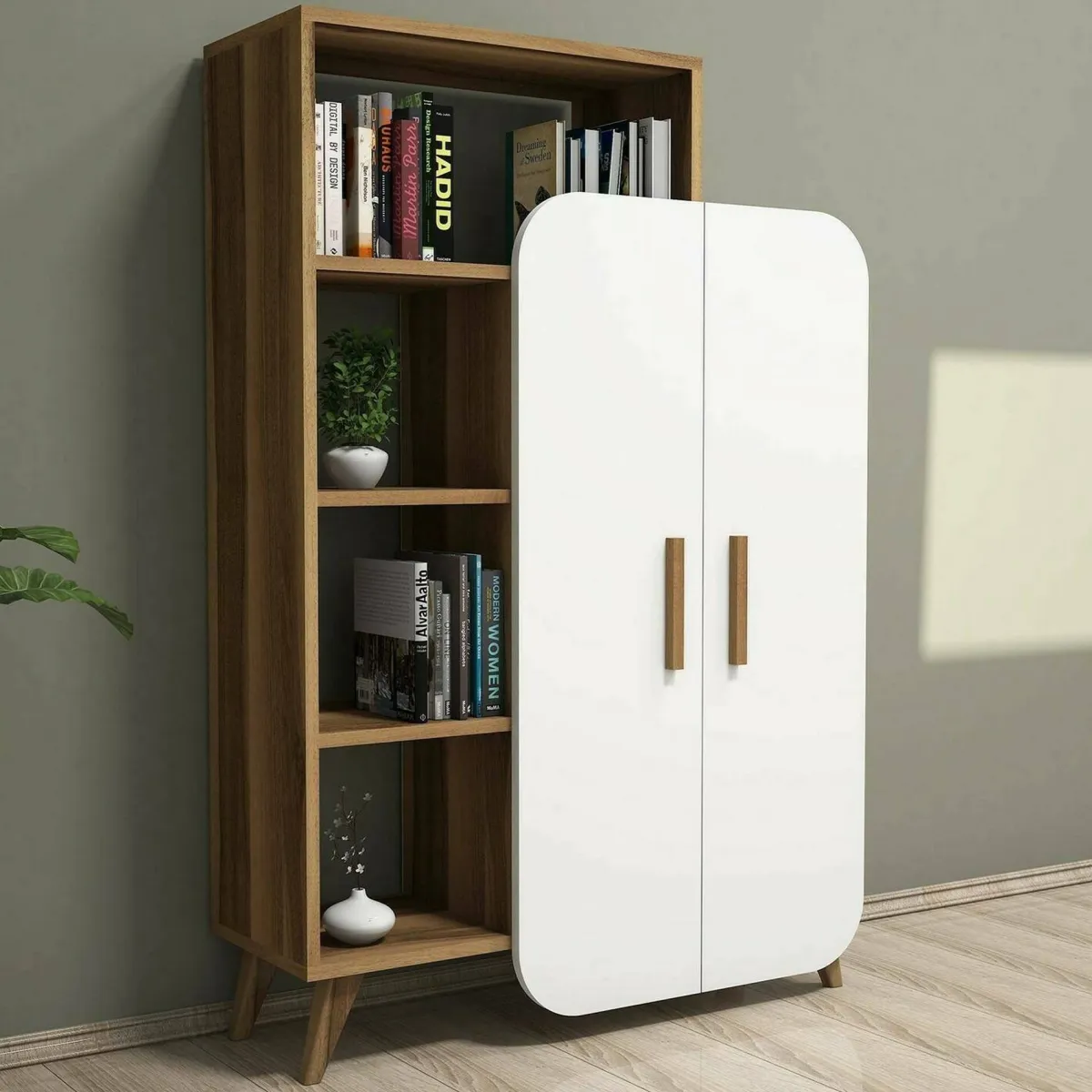 Cucina|Madie > Dmora Credenza alta noce e bianca 90x32x132h cm 2 ante - Tormalina Bianco, Marrone Noce