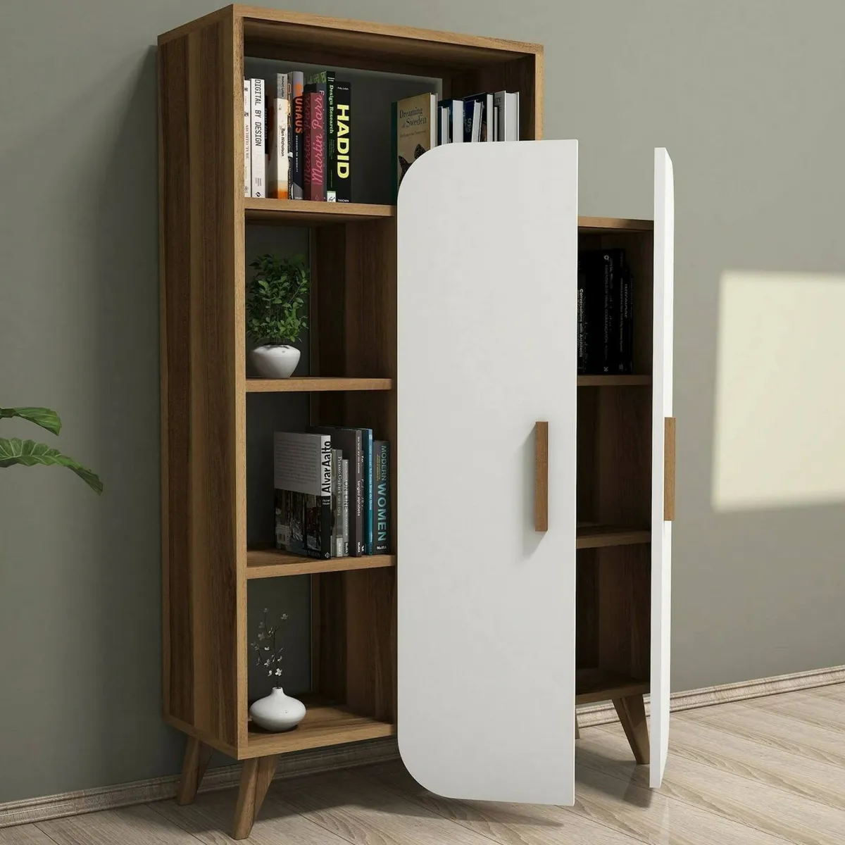 Cucina|Madie > Dmora Credenza alta noce e bianca 90x32x132h cm 2 ante - Tormalina Bianco, Marrone Noce