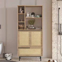 Madie|Credenze > Dmora Credenza alta noce e quercia 74x35x161h cm 2 ante - Vinta Marrone Quercia, Marrone Noce