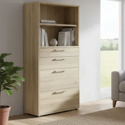 Madie|Credenze > Dmora Credenza alta quercia 89x40x185h cm 4 cassetti - Ciudad Marrone Quercia