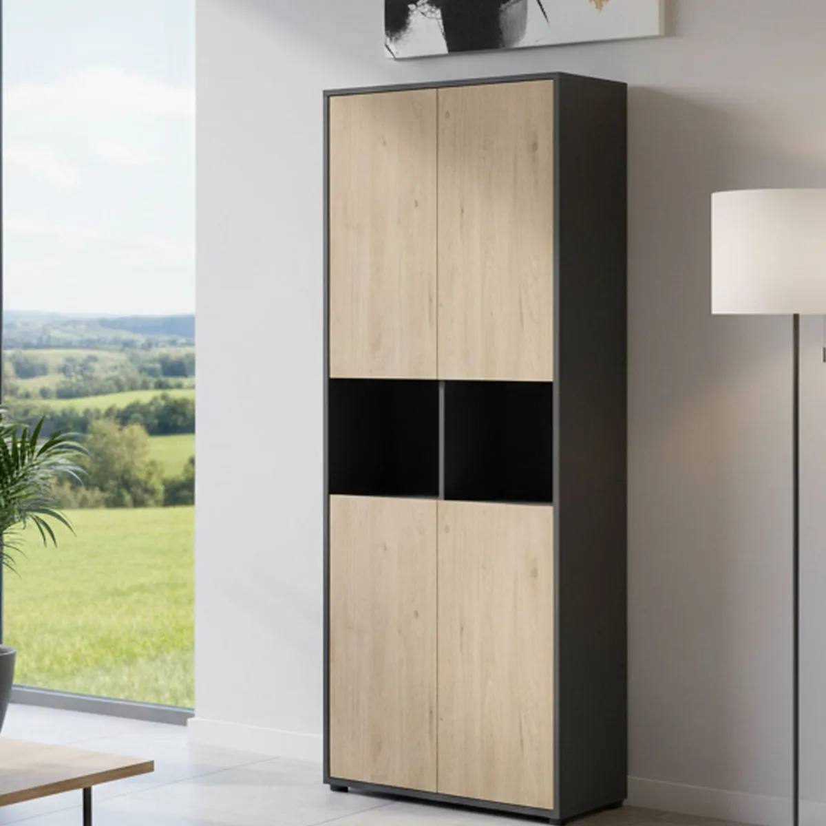 Madie|Credenze > Dmora Credenza alta rovere e grigia 79x34x204h cm 4 ante - Pierre Grigio, Marrone Rovere