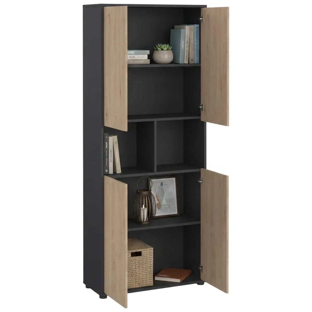 Madie|Credenze > Dmora Credenza alta rovere e grigia 79x34x204h cm 4 ante - Pierre Grigio, Marrone Rovere