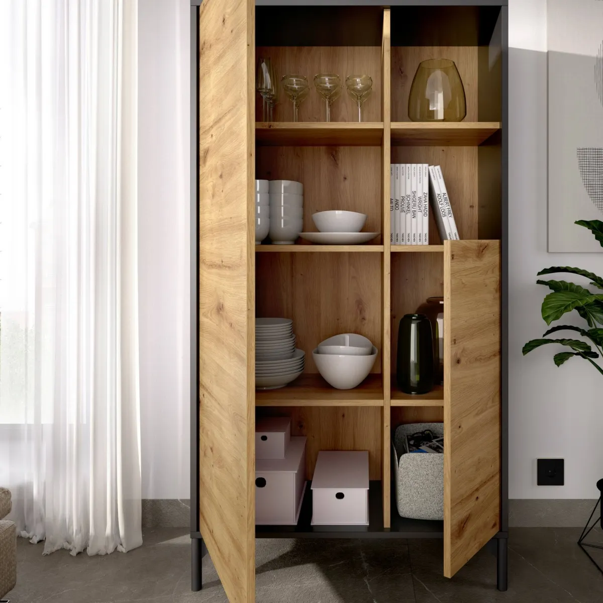 Cucina|Salotto > Dmora Credenza alta rovere nodi e antracite 72x33x143h cm 2 ante - Akilina Nero Antracite, Marrone Rovere Nodi