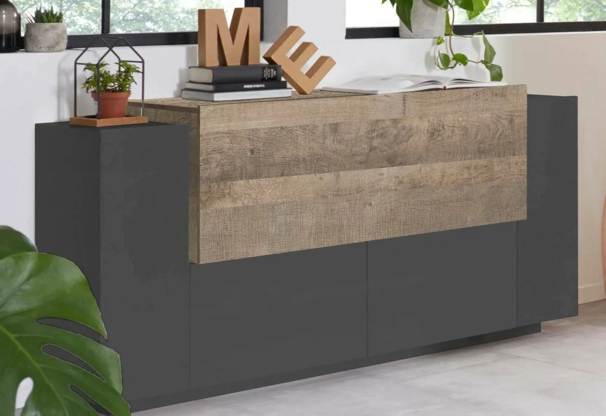 Cucina|Salotto > Dmora Credenza antracite e acero 160x45x86h cm 4 ante - Muscari Marrone Acero, Nero Antracite