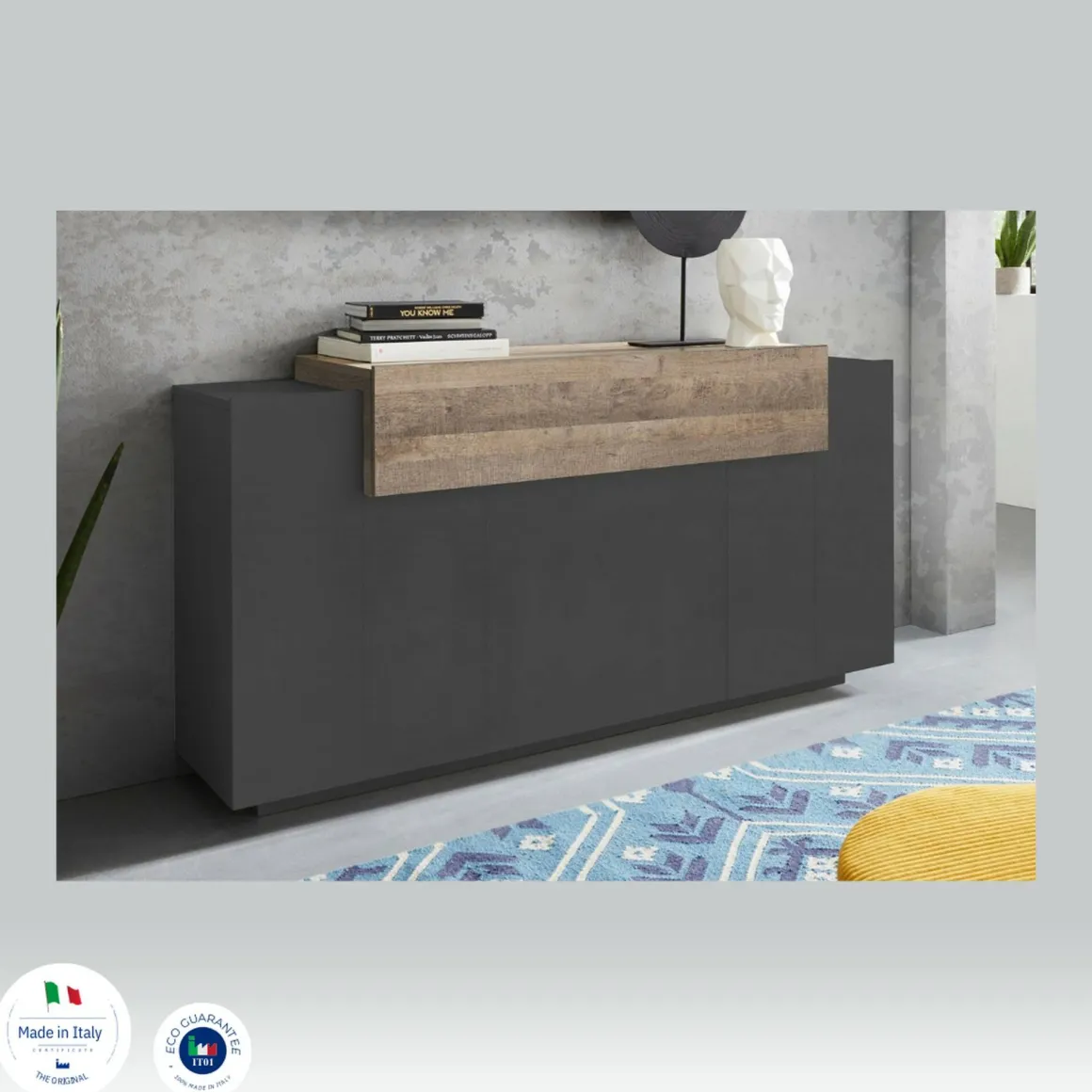 Credenza antracite e acero 160x46x85h cm 4 ante - Aschly
