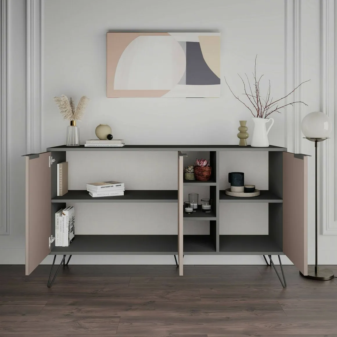 Credenza antracite e beige 142x35x83h cm 3 ante - Alin