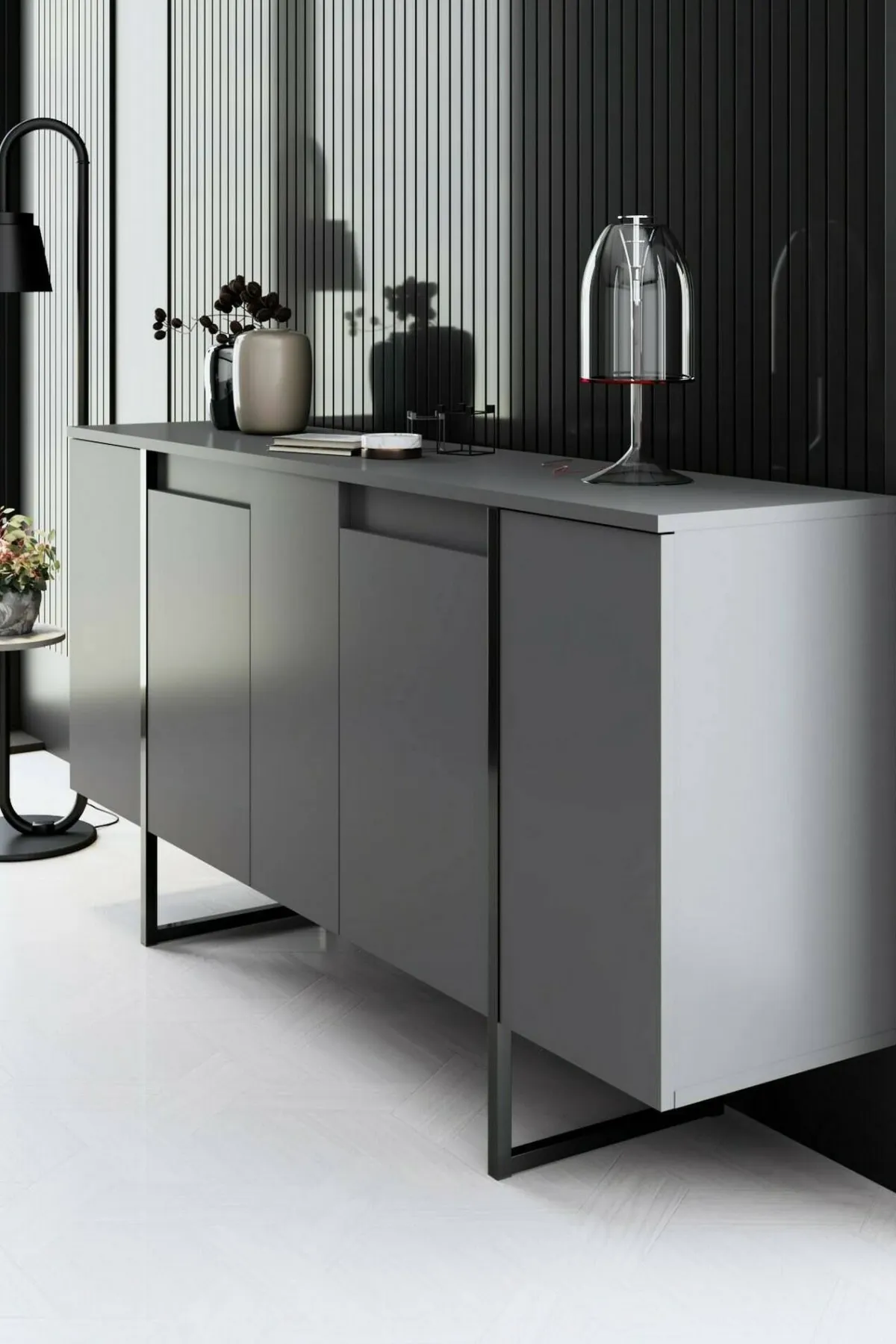 Cucina|Madie > Dmora Credenza antracite e nera moderna 160x35x80h cm 4 ante - Arta Nero, Nero Antracite