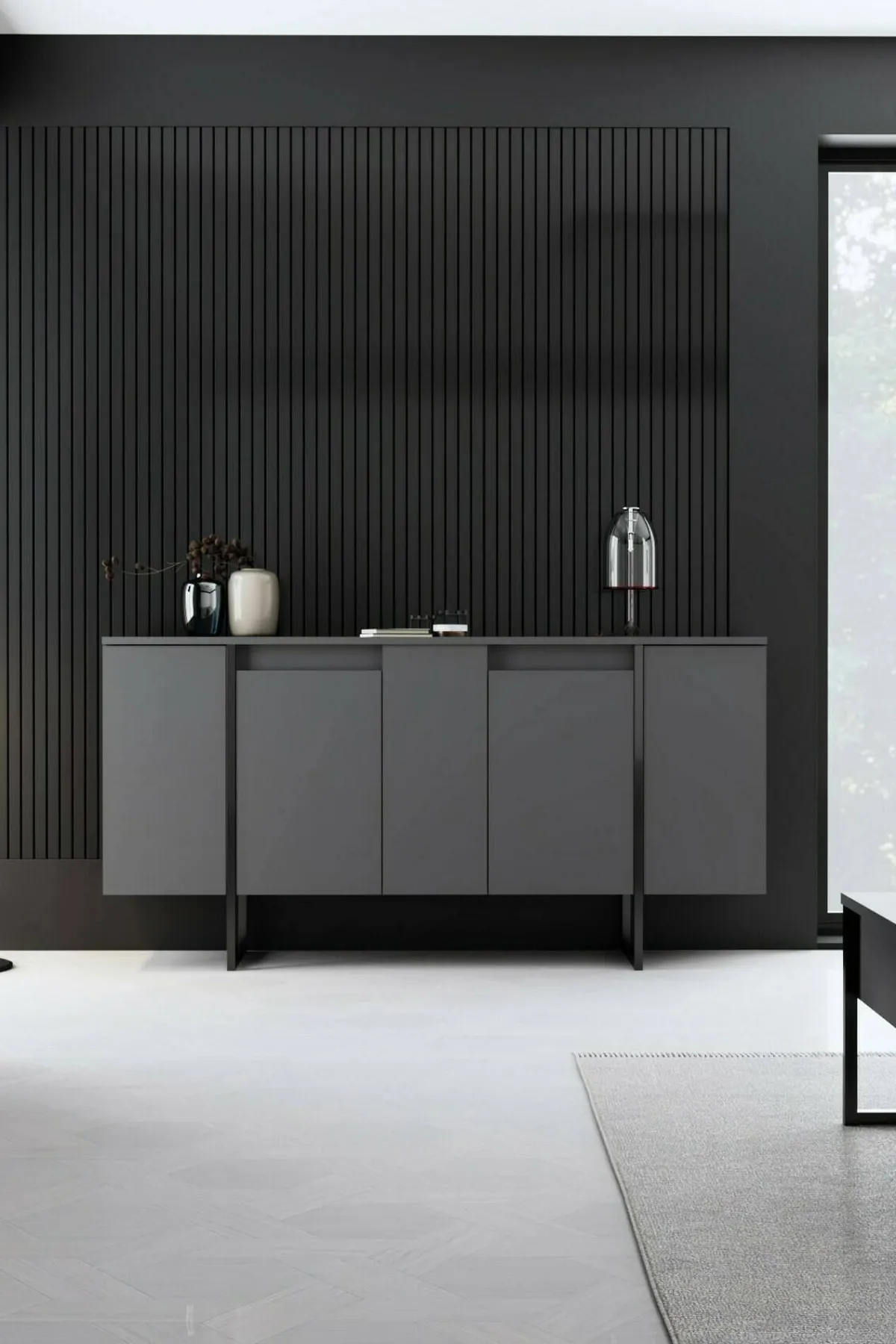 Cucina|Madie > Dmora Credenza antracite e nera moderna 160x35x80h cm 4 ante - Arta Nero, Nero Antracite