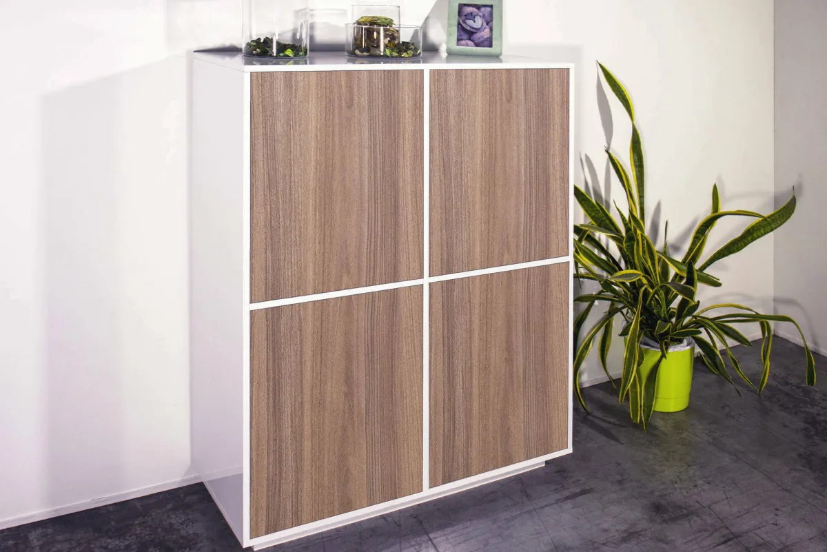 Cucina|Salotto > Dmora Credenza Ara, cm 100x41h126, Bianco lucido e Noce Marrone Noce, Bianco Lucido