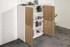 Cucina|Salotto > Dmora Credenza Ara, cm 100x41h126, Bianco lucido e Noce Marrone Noce, Bianco Lucido