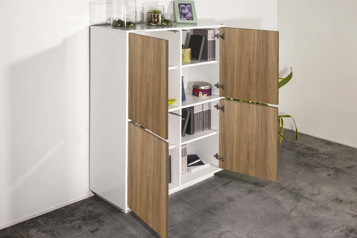 Cucina|Salotto > Dmora Credenza Ara, cm 100x41h126, Bianco lucido e Noce Marrone Noce, Bianco Lucido