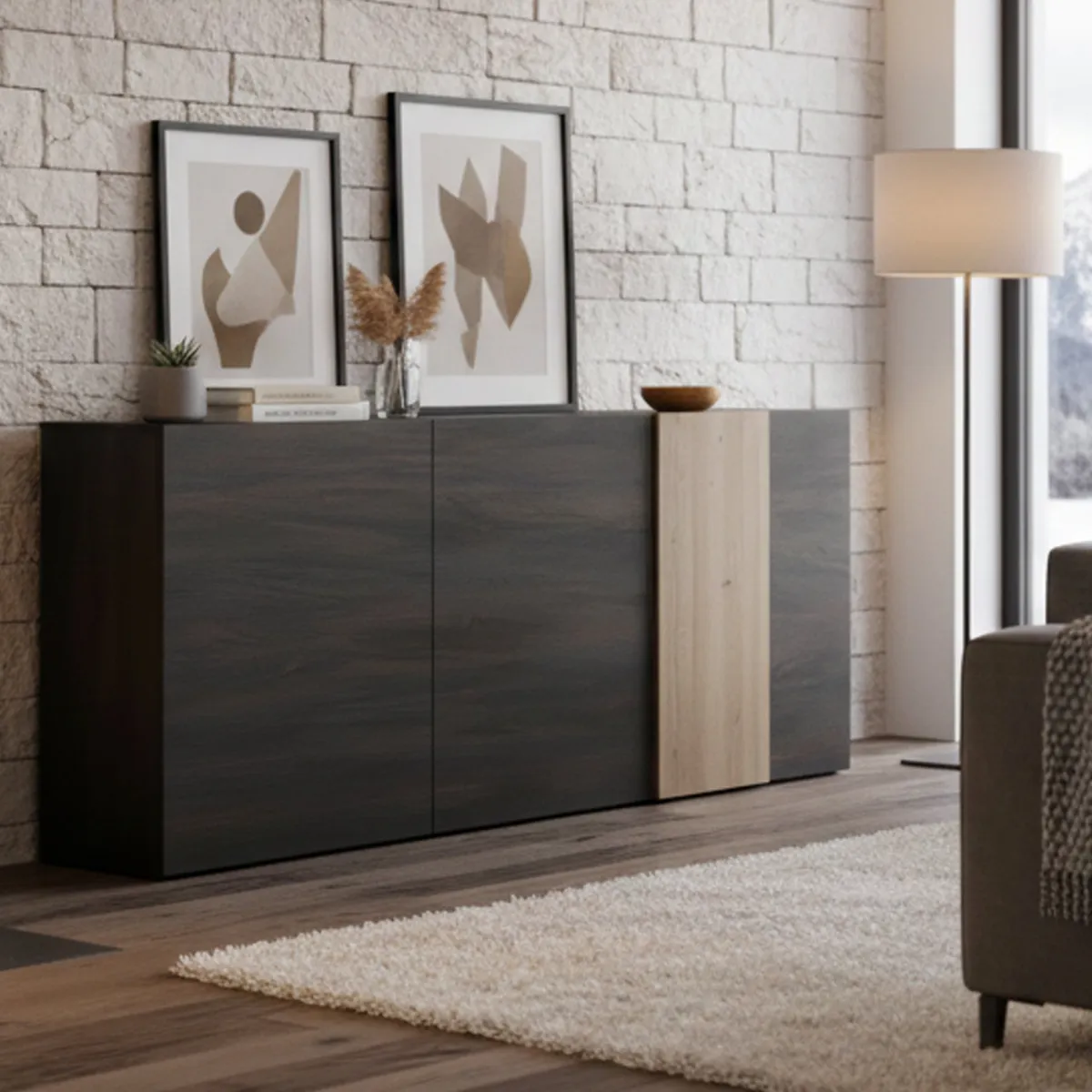 Madie|Credenze > Dmora Credenza ardesia e noce 181x44x86h cm 3 ante - Jerry Marrone Noce, Grigio Ardesia