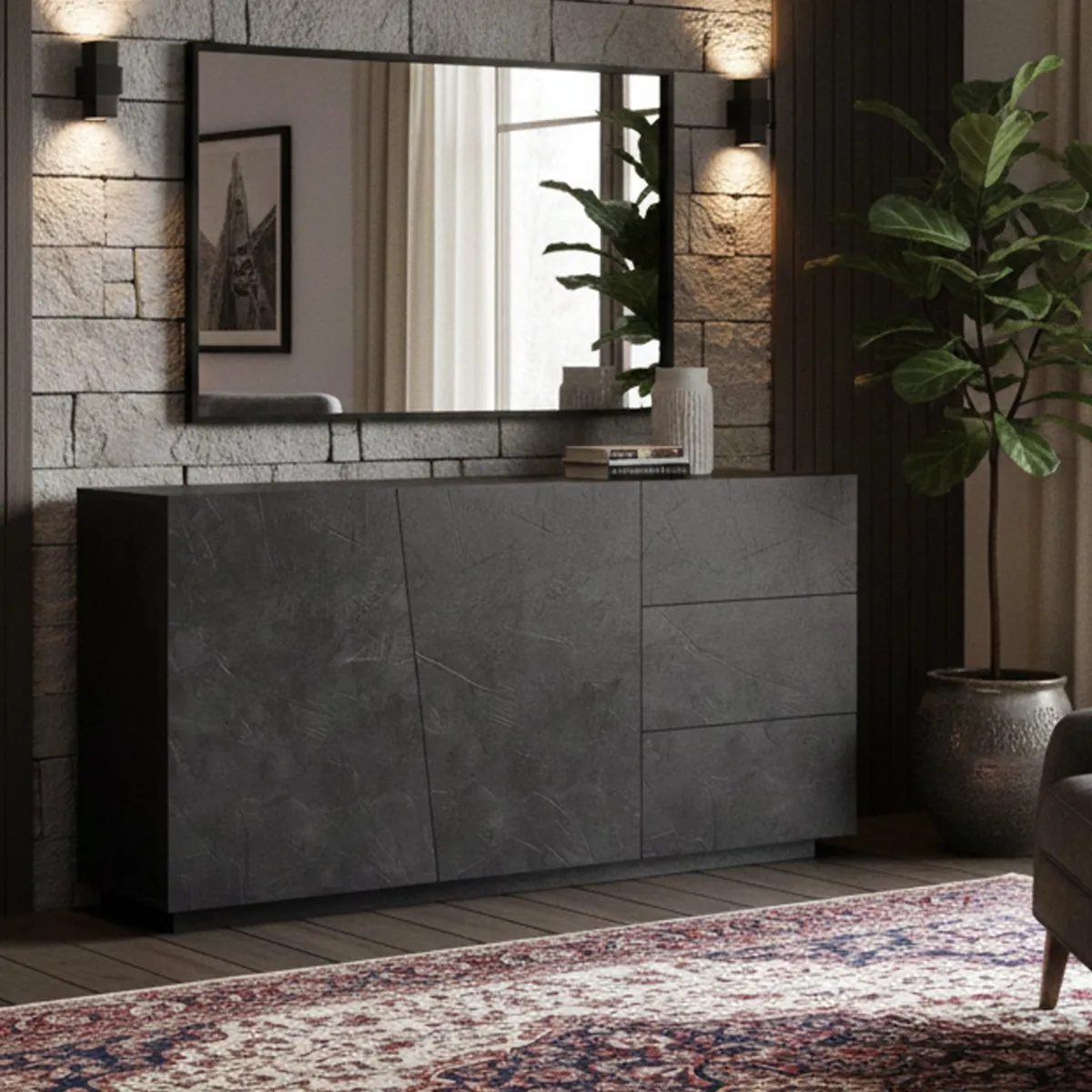 Cucina|Madie > Dmora Credenza ardesia 180x43x86h cm 2 ante e 3 cassetti - Ariet Grigio Ardesia