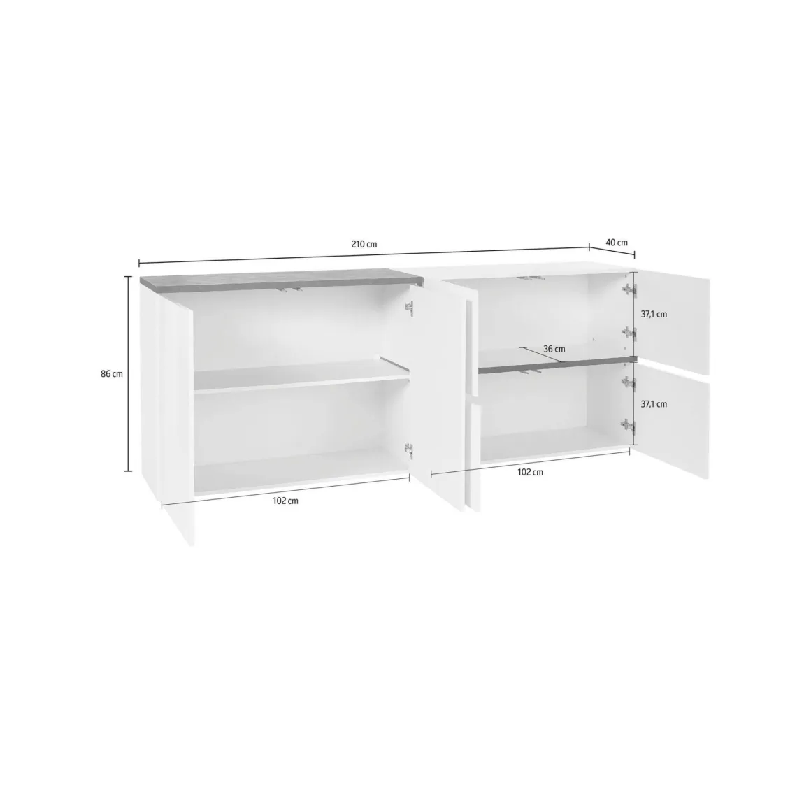 Credenza Asaba, cm 210x40h80, Bianco lucido e Ardesia