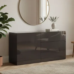 Cucina|Madie > Dmora Credenza bassa antracite lucida 110x40x47h cm 1 anta e 3 cassetti - Adana Nero Antracite