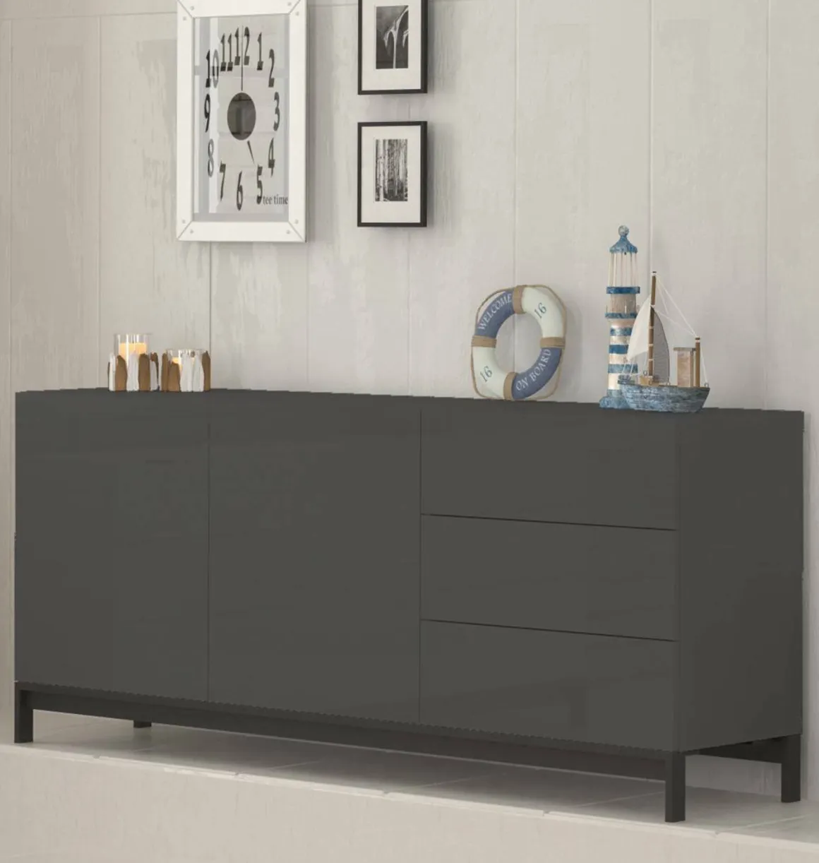 Cucina|Madie > Dmora Credenza bassa antracite lucida 170x40x60h cm 3 ante e 1 cassetto - Arina Nero Antracite