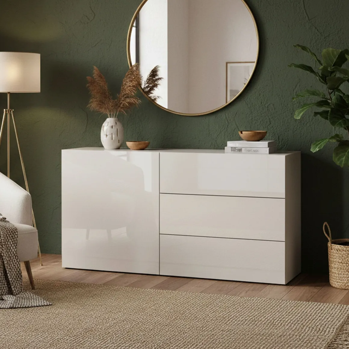 Credenza bassa bianco lucida 110x40x35h cm 1 anta e 3 cassetti - Benvenuta