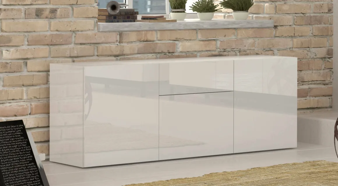 Cucina|Salotto > Dmora Credenza bassa bianco lucida 170x40x47h cm 2 ante e 3 cassetti - Alden Bianco Lucido