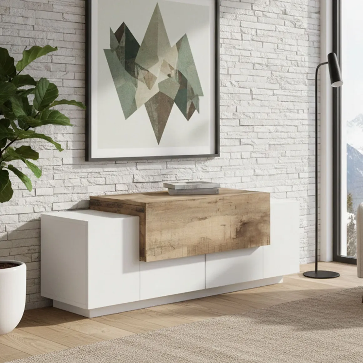 Cucina|Madie > Dmora Credenza bassa bianco lucida e ardesia 120x45x46h cm 3 ante - Aspera Grigio Ardesia, Bianco Lucido