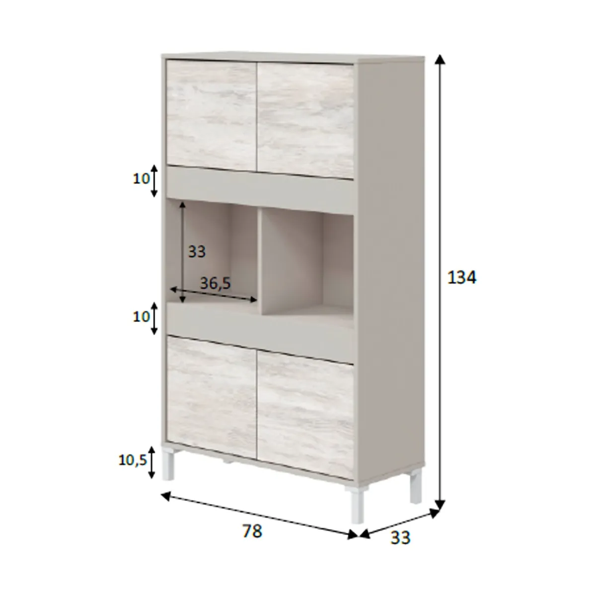 Madie|Credenze > Dmora Credenza Beige Bianco Cassetti 3 Ripiani 78x33x134h cm, Apertura Push Pull - Mezzate Bianco, Beige