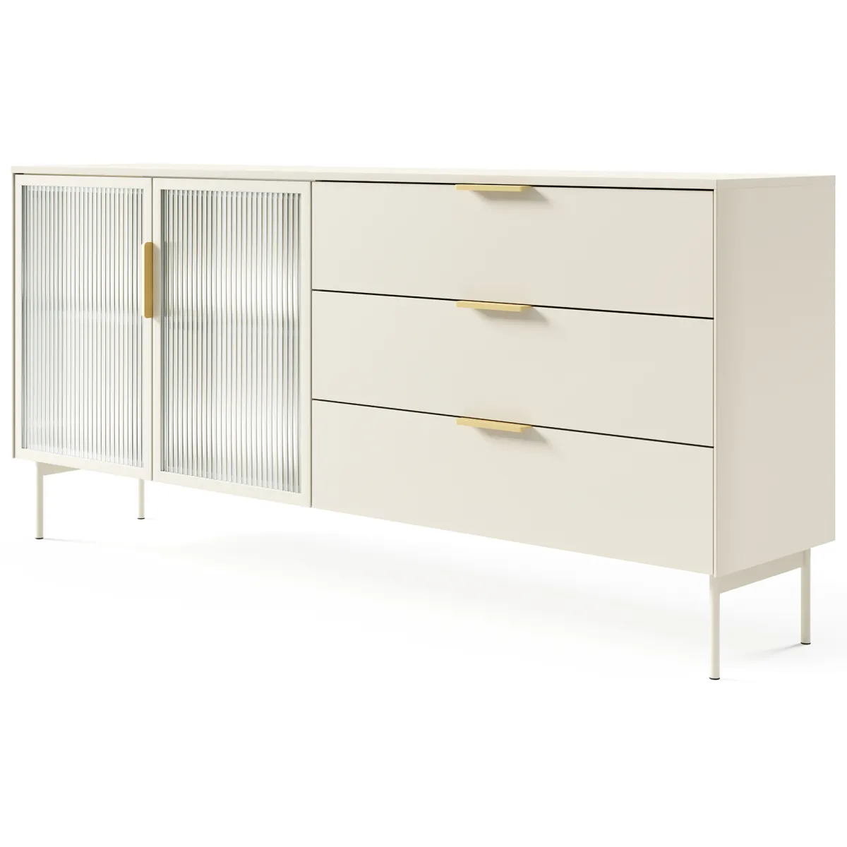 Credenze > Dmora Credenza Beige Cashmere oro un Ripiano 3 Cassetti 181x39x83h cm, 2 Ante - Hara Oro, Beige Cashmere