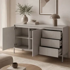 Credenze > Dmora Credenza 3 Cassetti 2 Ripiani 154x40x81h cm, Apertura Battente, Scorrevole - Hatomo Beige