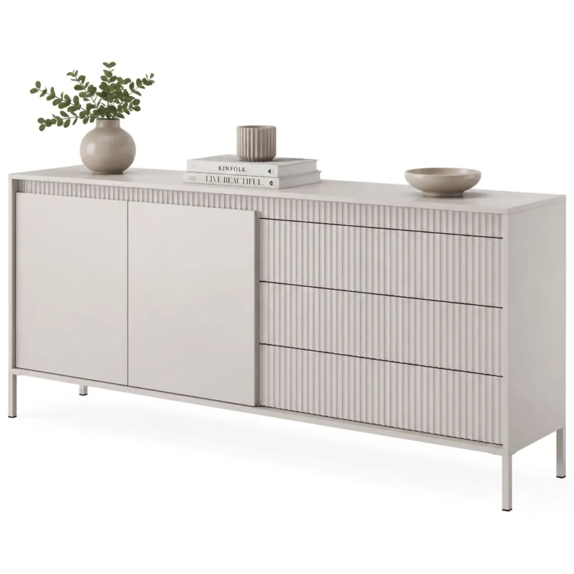 Credenza Beige 3 Cassetti 2 Ripiani 187x40x81h cm, Apertura Battente, Scorrevole - Hatone