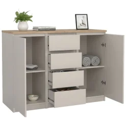 Credenza Beige 4 Cassetti 2 Ripiani 121x50x91h cm, Apertura Battente, Scorrevole - Angelika