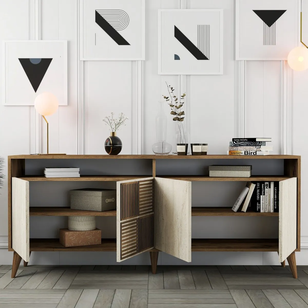 Madie|Credenze > Dmora Credenza Beige Marmo Marrone Marmo 2 Ripiani 4 Ante 180x35x78h cm, 6 Vani - Roattos Marrone Marmo, Beige Marmo