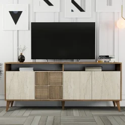 Madie|Credenze > Dmora Credenza Beige Marmo Marrone Marmo 2 Ripiani 4 Ante 180x35x78h cm, 6 Vani - Roattos Marrone Marmo, Beige Marmo