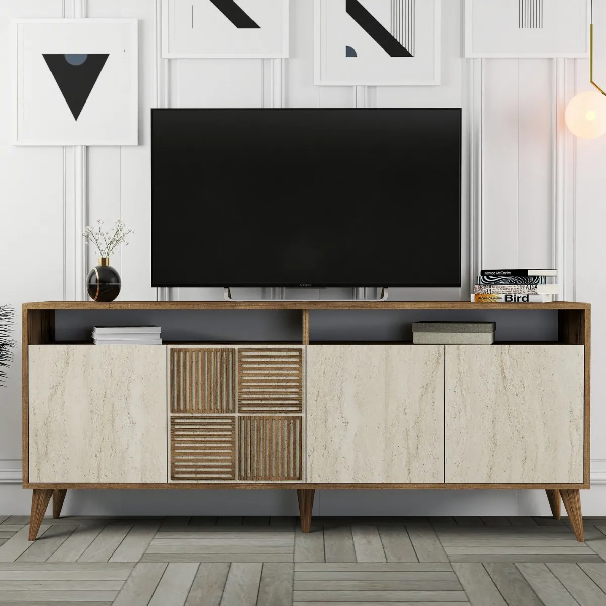 Madie|Credenze > Dmora Credenza Beige Marmo Marrone Marmo 2 Ripiani 4 Ante 180x35x78h cm, 6 Vani - Roattos Marrone Marmo, Beige Marmo