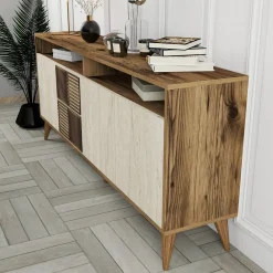 Madie|Credenze > Dmora Credenza Beige Marmo Marrone Marmo 2 Ripiani 4 Ante 180x35x78h cm, 6 Vani - Roattos Marrone Marmo, Beige Marmo