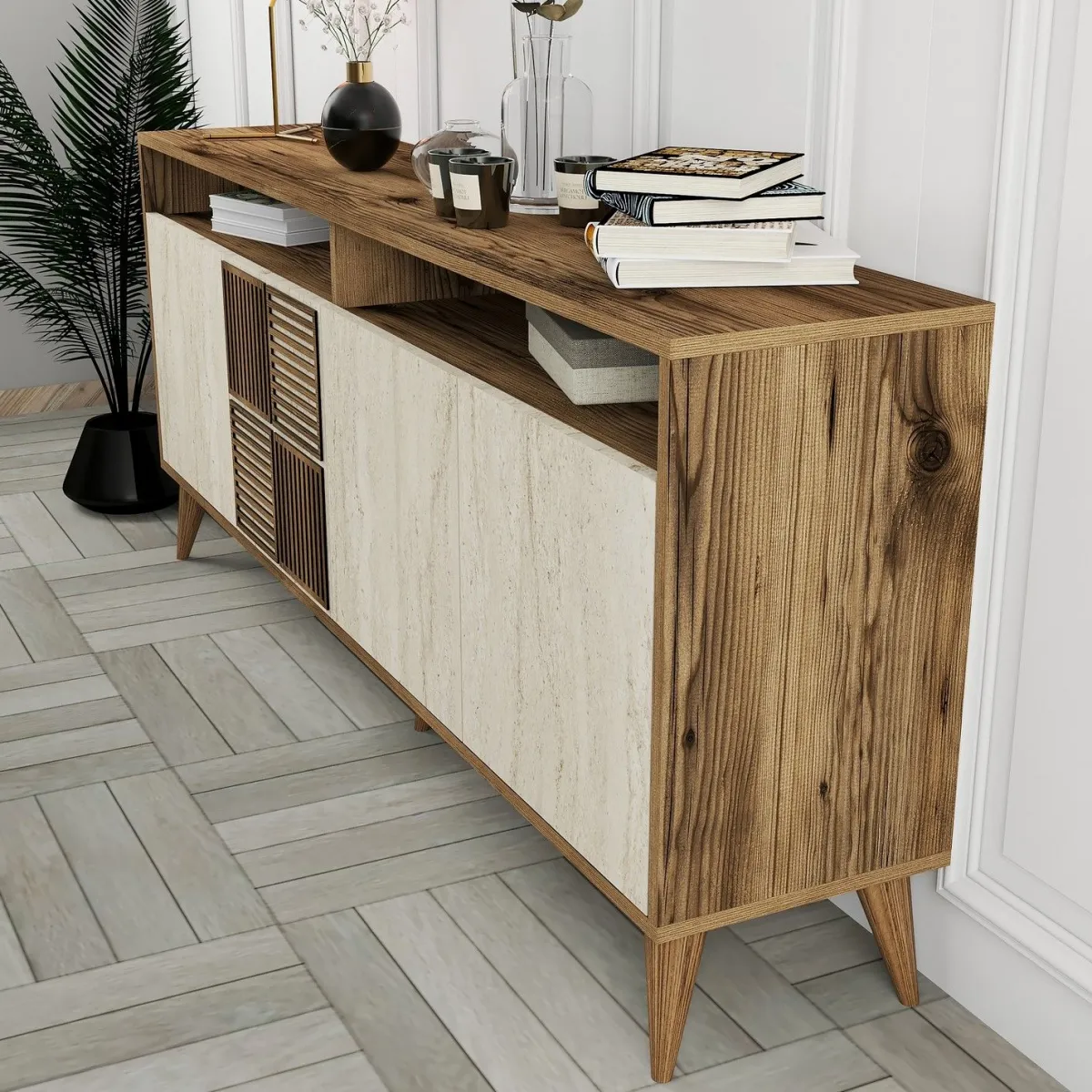 Madie|Credenze > Dmora Credenza Beige Marmo Marrone Marmo 2 Ripiani 4 Ante 180x35x78h cm, 6 Vani - Roattos Marrone Marmo, Beige Marmo
