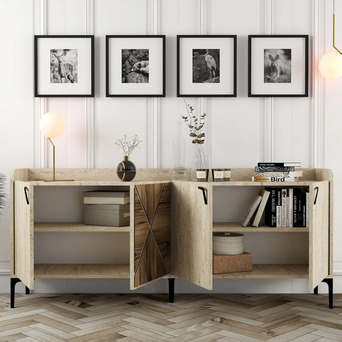 Credenza Beige Marmo Marrone Marmo 2 Ripiani 4 Vani 180x35x78h cm, 4 Ante - Roatto