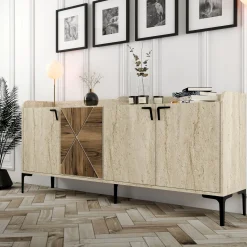 Credenza Beige Marmo Marrone Marmo 2 Ripiani 4 Vani 180x35x78h cm, 4 Ante - Roatto