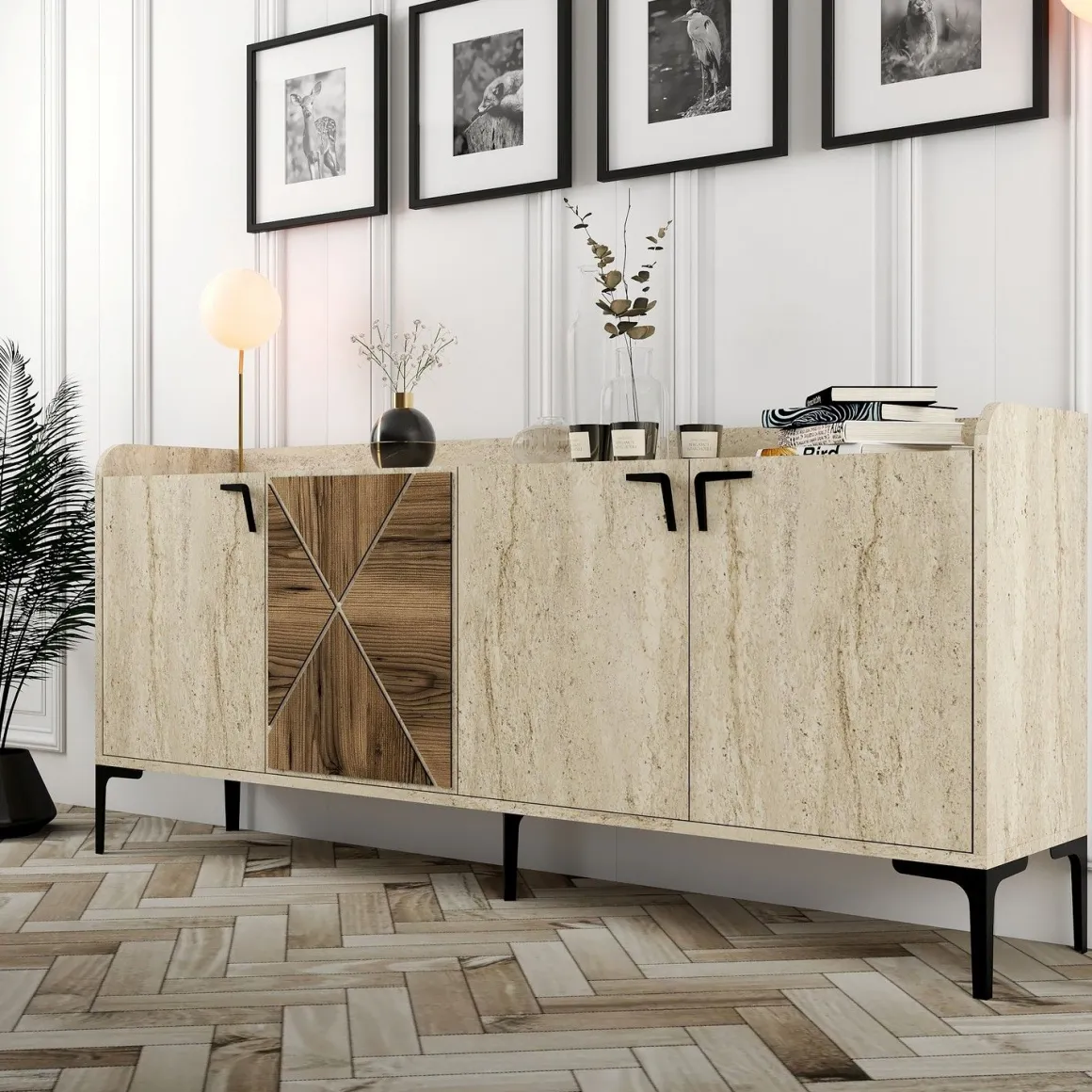 Credenza Beige Marmo Marrone Marmo 2 Ripiani 4 Vani 180x35x78h cm, 4 Ante - Roatto