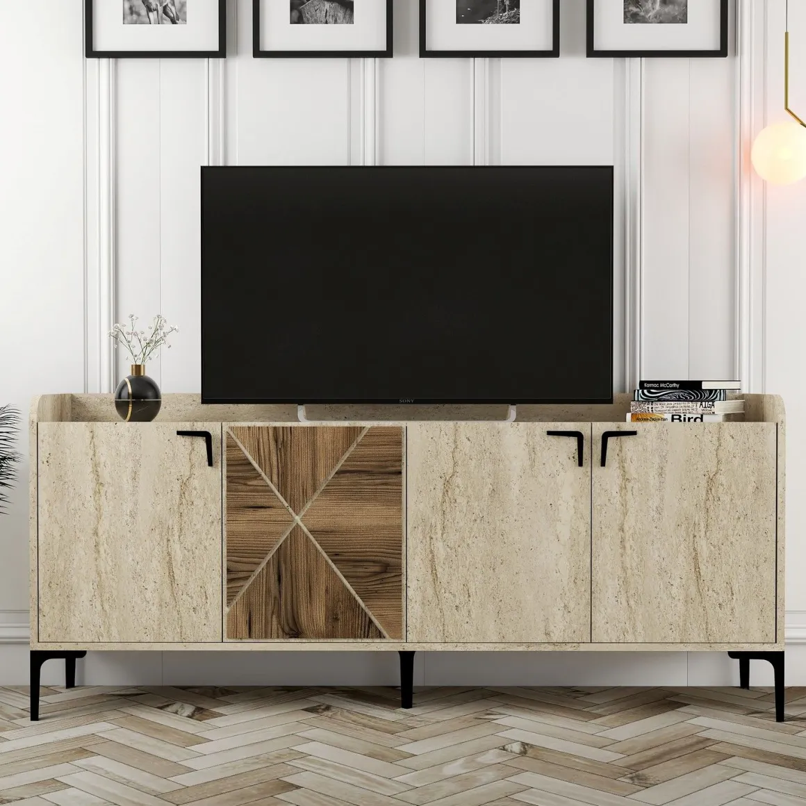 Credenza Beige Marmo Marrone Marmo 2 Ripiani 4 Vani 180x35x78h cm, 4 Ante - Roatto